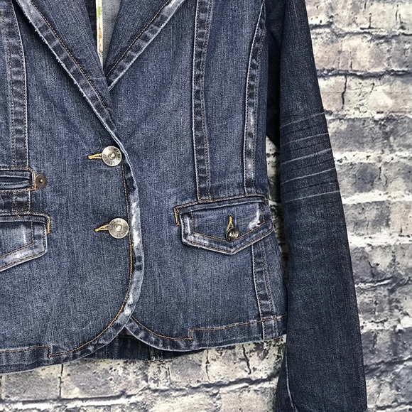 LEVEL 99 Distressed Fitted Denim Blazer Jacket - Picture 3 of 8